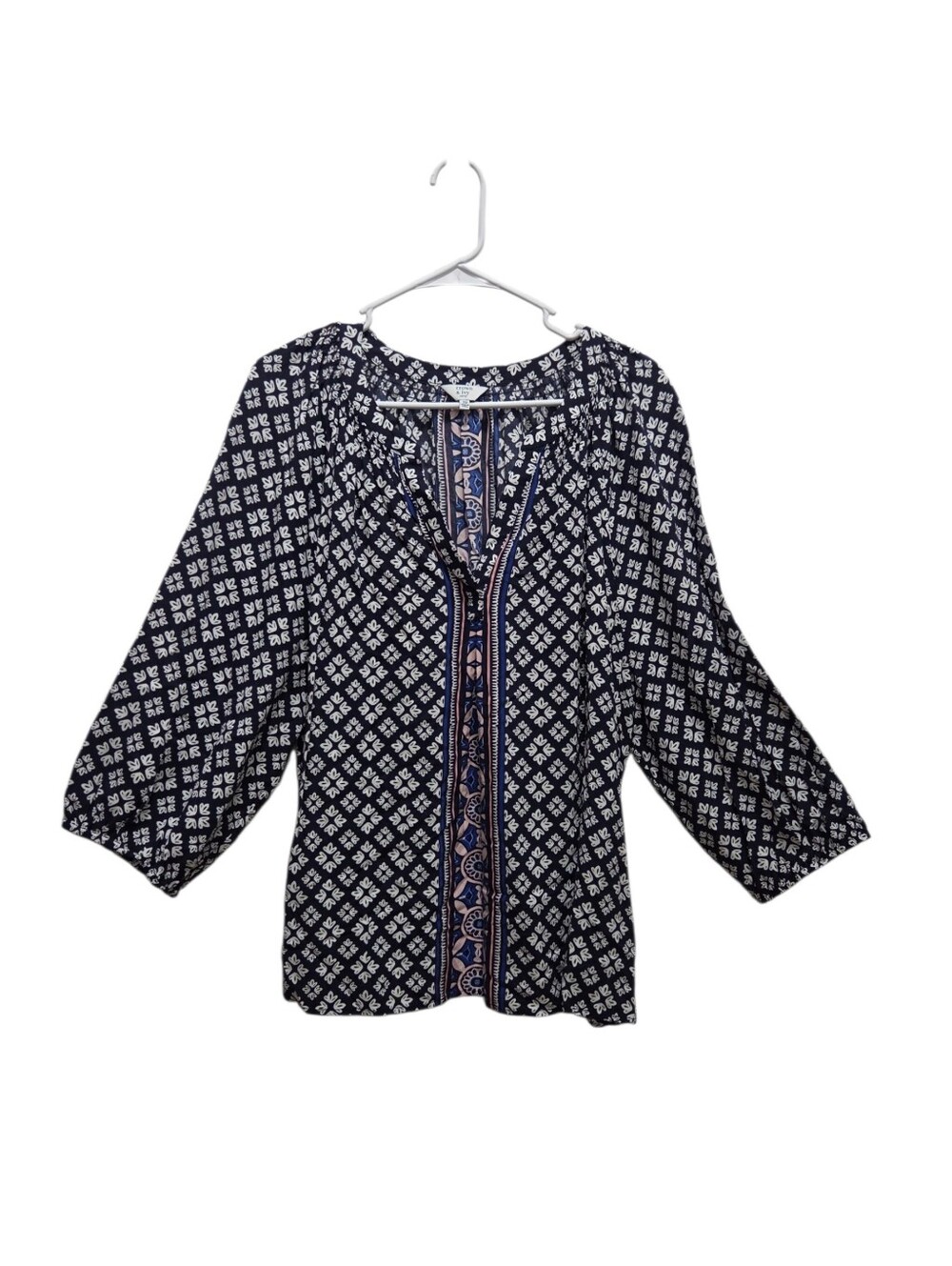 Crown & Ivy Curvy 3X Boho Peasant Blouse Navy White Rayon Print Top Plus